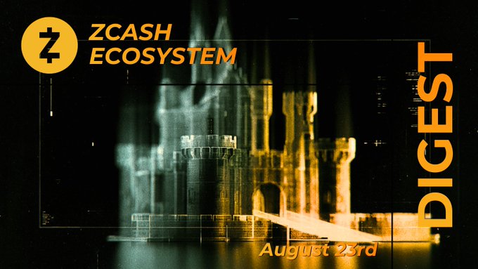 A stylized graphic for the 'ZCASH ECOSYSTEM DIGEST' dated August 23rd, featuring a glowing castle illustration in green and orange tones.