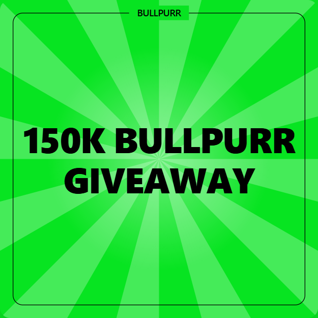 A bold promotional graphic featuring green sunburst rays announces a "150K BULLPURR GIVEAWAY," with the BULLPURR logo at the top, aligning with a post offering a 150k $BULLPURR airdrop to the first 555 Solana wallets to like, RT, and share their addresses.