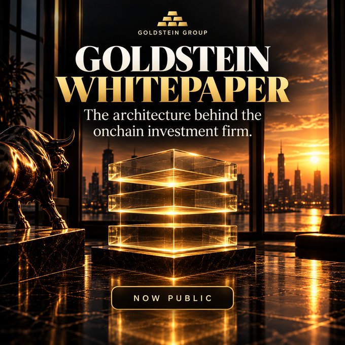 A promotional graphic for the 'GOLDSTEIN WHITEPAPER' by Goldstein Group, reading 'The architecture behind the onchain investment firm' and 'NOW PUBLIC', featuring a bull statue and gold bars.