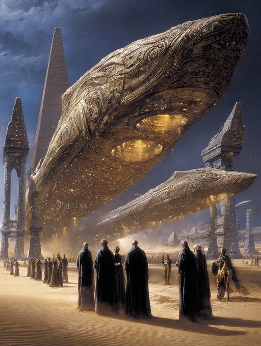 A science fiction illustration showing robed figures gathered before massive, ornate golden spaceships hovering above a desert landscape with towering structures.