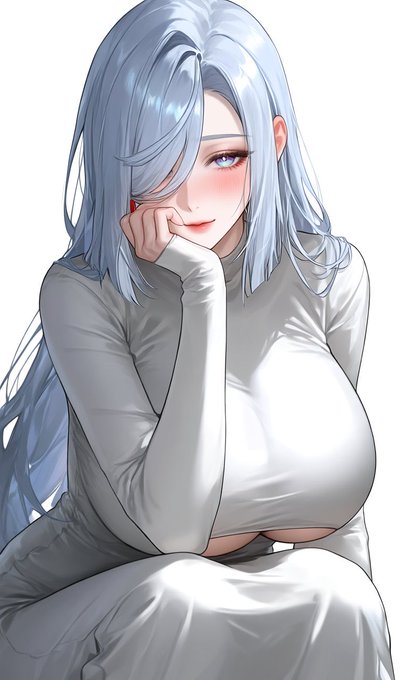 An anime-style illustration shows a woman with long light blue hair wearing a tight white long-sleeved top.