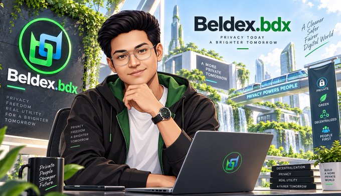 A promotional image for Beldex.bdx featuring a young man in front of a laptop, with text including 'PRIVACY TODAY A BRIGHTER TOMORROW', 'PRIVACY POWERS PEOPLE', 'CENTRALIZATION → DECENTRALIZED', and 'A Cleaner Safer Fairer Digital World'.