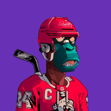 An illustrated hockey player wearing a teal protective mask, red jersey with '24' and 'C', and a signed red helmet holds a hockey stick against a purple backdrop.