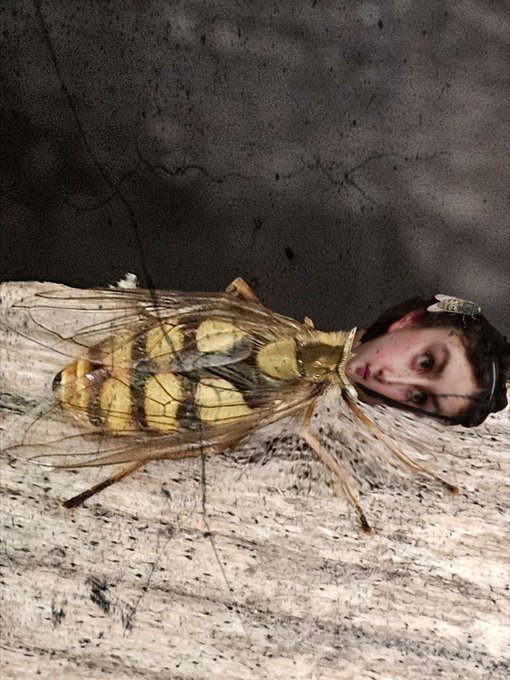 A surreal composite image showing a dead wasp or bee with a human face (resembling Elvis Presley) photoshopped onto its head, resting on a wooden surface.