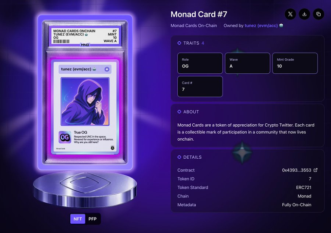 A digital trading card titled "Monad Card #7" features a hooded figure and displays traits such as Role: OG, Wave: A, Mint Grade: 10, and Token ID: 7 on the blockchain (ERC721, Chain: Monad). The image visually supports the post's question about Monad's ongoing card issuance, showing an example card owned by "tunez (evm/acc)" with the description "True OG - Respected OGs in the space. Devoted to mainnet at all costs. Why are you still here?"