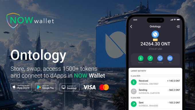 The image features an advertisement for a new app called "Ontology" that allows users to store, share, and manage their digital identities securely using blockchain technology. The app also provides access to various APIs, including those from Google, Visa, and Apple, which can be used to connect with other services or applications. The post promotes the app as a solution for building trust in the future of Web3 by providing a secure and user-friendly platform that allows users to control their digital identities independently.