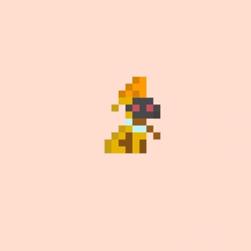 Pixel art character resembling a dog or creature with orange and brown colors on a peach/beige background.