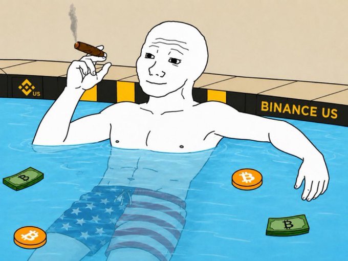 A Wojak figure relaxes in a pool labeled "BINANCE US," wearing American flag shorts and smoking a cigar while surrounded by floating Bitcoin and cash symbols, suggesting the carefree wealth associated with the "$WOJAK" token's projected rise.