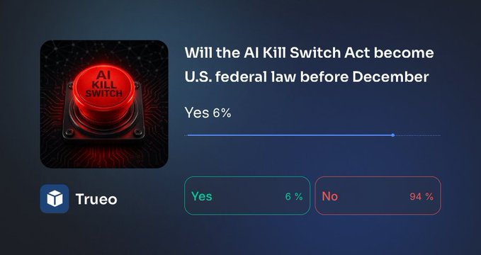 A prediction market interface from Trueo asks "Will the AI Kill Switch Act become U.S. federal law before December," showing 6% votes for Yes and 94% for No, alongside an image of a glowing red "AI KILL SWITCH" button.