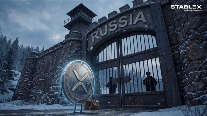 A digital artwork by Stablex titled 'Aibors, Kuruluşu' featuring a large XRP coin in front of a stone fortress gate with 'RUSSIA' written on it.