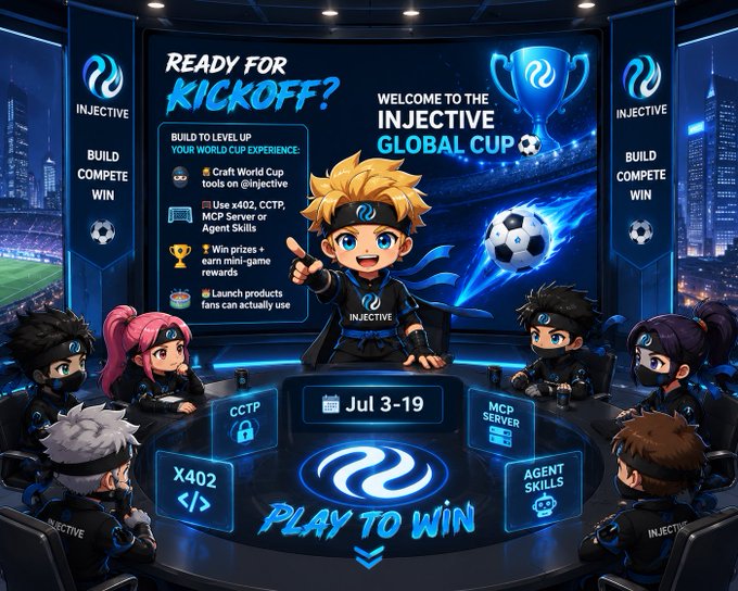 INJECTIVE Global Cup promotional graphic announcing a World Cup experience campaign running Jul 3-19, featuring CCTP, X402, MCP Server, and Agent Skills tools, with messaging 'Ready for Kickoff?' and 'Build Compete Win'.