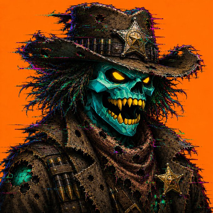 A turquoise, low-poly skull with glowing yellow eyes and fangs wears a tattered cowboy hat and duster, adorned with metallic star badges and bullet belts, set against a vibrant orange background with glitch-like distortion effects. The image contrasts its menacing, undead outlaw aesthetic with the post's hopeful message, suggesting that even in a dark, chaotic world, a spirit of kindness and optimism can help transform it for the better.