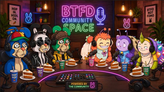 A neon-lit cartoon illustration titled 'BTFD COMMUNITY SPACE' depicting various animal characters with headphones and microphones sitting at a table with cake slices and 'HOP POP' cups, with text 'POWERED BY THE COMMUNITY'.