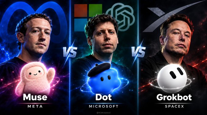 A promotional graphic shows three tech figures side-by-side: Mark Zuckerberg with 'Muse' for META, Sam Altman with 'Dot' for MICROSOFT, and Elon Musk with 'Grokbot' for SPACEX, separated by 'VS' text.