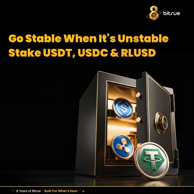 A promotional Bitrue advertisement featuring an open vault with USDT, USDC, and RLUSD coin logos, paired with the headline "Go Stable When It's Unstable — Stake USDT, USDC & RLUSD," reinforcing the post's message of seeking stability through stablecoin staking amid volatile markets.