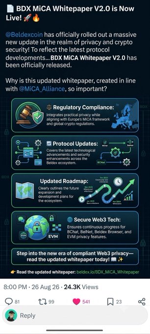 A social media post from Beldex announcing 'BDX MiCA Whitepaper V2.0 is Now Live!' detailing regulatory compliance, protocol updates, roadmap, and secure Web3 tech elements like BChat, BelNet, Beldex Browser, and EVM.