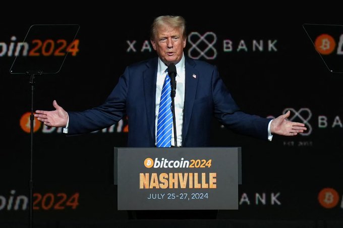 Donald Trump speaks at a podium with "bitcoin2024 NASHVILLE JULY 25-27, 2024" displayed, relating to the crypto industry's upcoming meetings with political figures.
