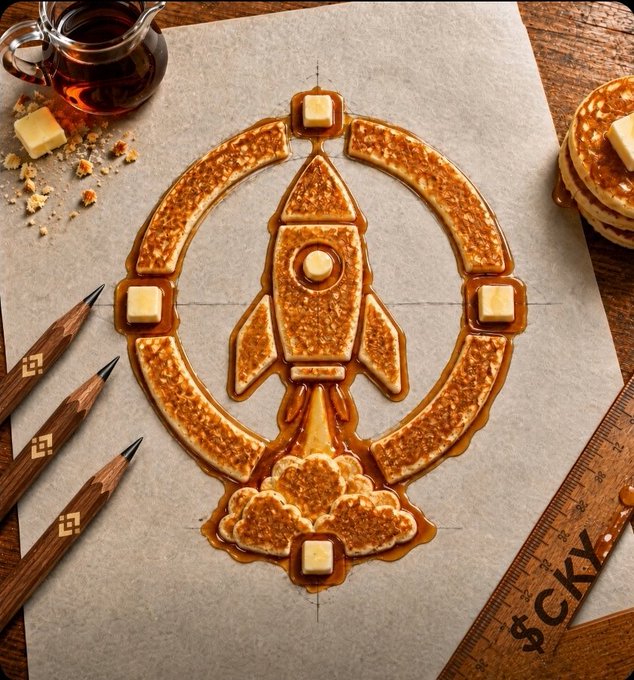 Pancakes and butter pats are artistically arranged on parchment paper to resemble a rocket launching through a Bitcoin logo, with pencils, syrup, and a ruler marked '$CKY' scattered around.