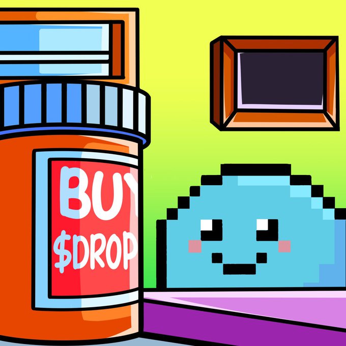 A pixel art illustration showing an orange prescription bottle labeled 'BUY $DROP' next to a cute blue slime character with a smiling face in a room with a picture frame on the wall.