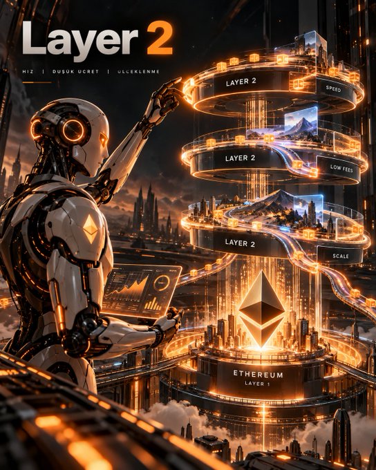 A futuristic robot interacts with a glowing holographic display showcasing a stacked architecture of three "Layer 2" tiers labeled "SPEED," "LOW FEES," and "SCALE," built on the Ethereum Layer 1 foundation — illustrating the post's discussion of Layer 2 solutions as scalable, low-cost, and fast networks built atop Ethereum's security.