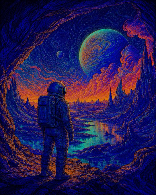 A vibrant digital illustration of an astronaut standing inside a cave, looking out at an alien landscape with a large planet, glowing river, and colorful orange and blue sky.