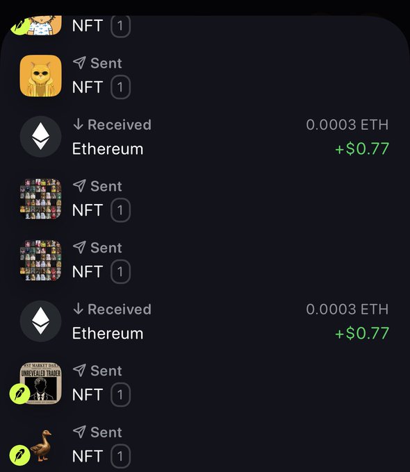 A cryptocurrency wallet transaction history showing multiple NFT sends (including what appears to be a Migos NFT and a "My Market Data - Unrevealed Trader" NFT) alongside two small received Ethereum deposits of 0.0003 ETH (worth +$0.77 each), illustrating how the user's wallet was drained of valuable NFTs after connecting to a malicious mint site.