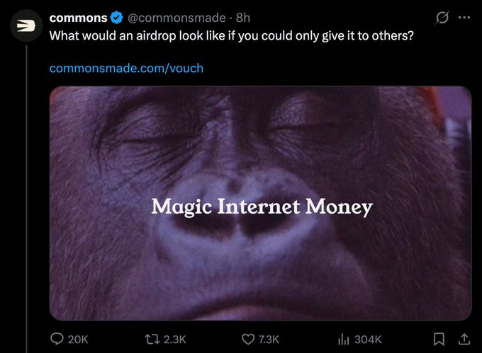 A tweet from commons (@commonsmade) asks 'What would an airdrop look like if you could only give it to others?' linking to commonsmade.com/vouch, accompanied by an image of a gorilla with the text 'Magic Internet Money'.