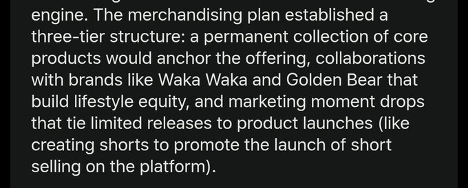 A text excerpt describing a three-tier merchandising plan including a permanent core collection, brand collaborations (Waka Waka, Golden Bear), and limited marketing moment drops.