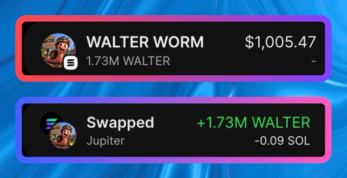 A crypto trading interface snippet showing a token called 'WALTER WORM' valued at $1,005.47 with a balance of 1.73M WALTER, and a 'Swapped' notification indicating a trade of -0.09 SOL on Jupiter.