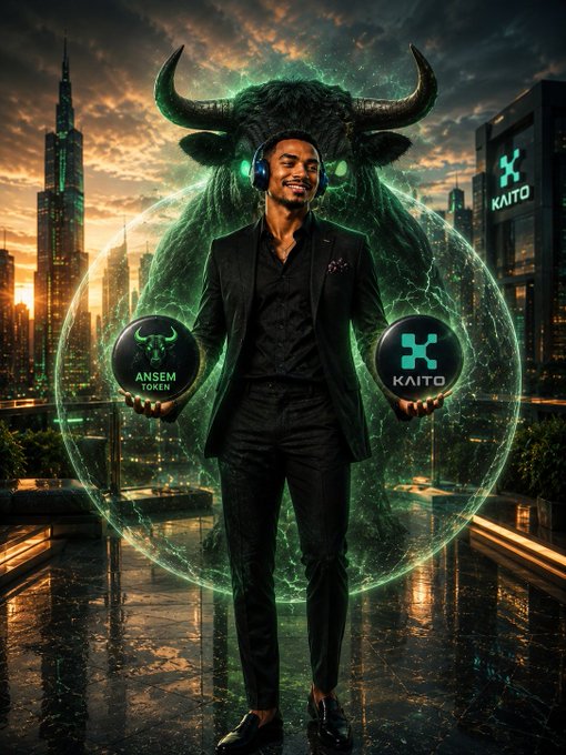A digital artwork of a man in a black suit wearing headphones, holding two orbs labeled "ANSEM TOKEN" and "KAITO" with a glowing green bull spirit behind him against a city skyline.