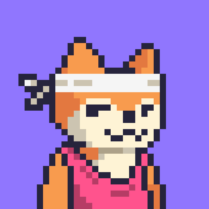 Pixel art portrait of a character with orange hair, a white headband, and a pink top against a purple background.