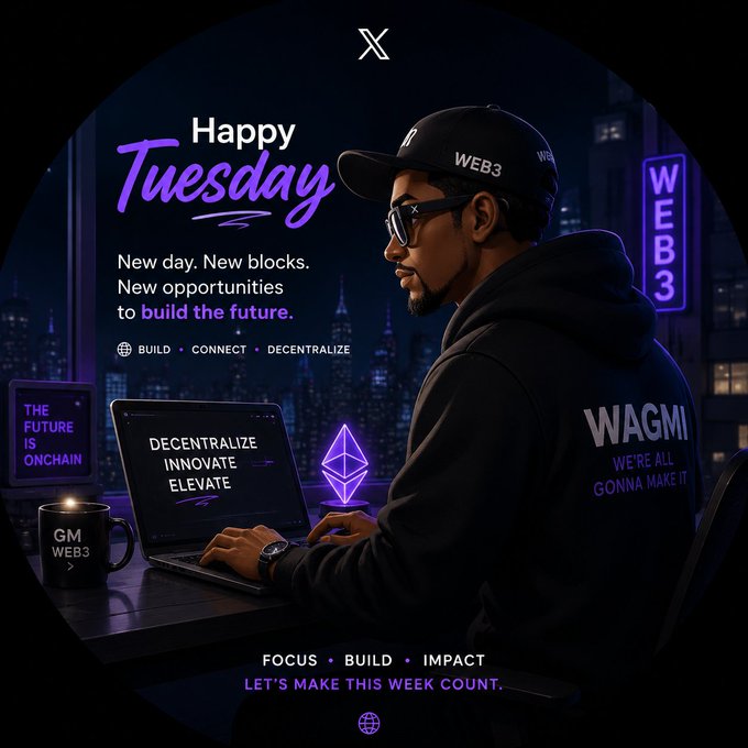 A motivational 'Happy Tuesday' graphic featuring a man in a WEB3 cap and WAGMI hoodie working on a laptop, with text reading 'New day. New blocks. New opportunities to build the future.'