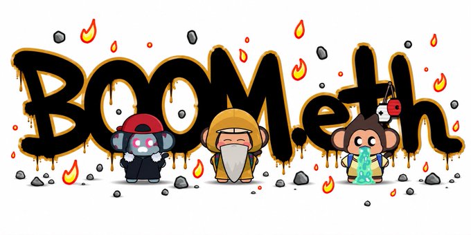 A graffiti-style illustration spells out the word 'BOOMeth' in large, dripping black and yellow letters, accompanied by three cartoon monkey characters, one wearing a red cap, one with a yellow hood, and one with a gas mask, surrounded by flames and rocks.