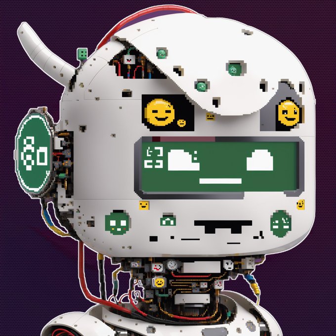 A 3D rendered white robot figure with exposed mechanical internals features a digital screen face and is decorated with various pixelated alien and smiley face decals on a purple background.