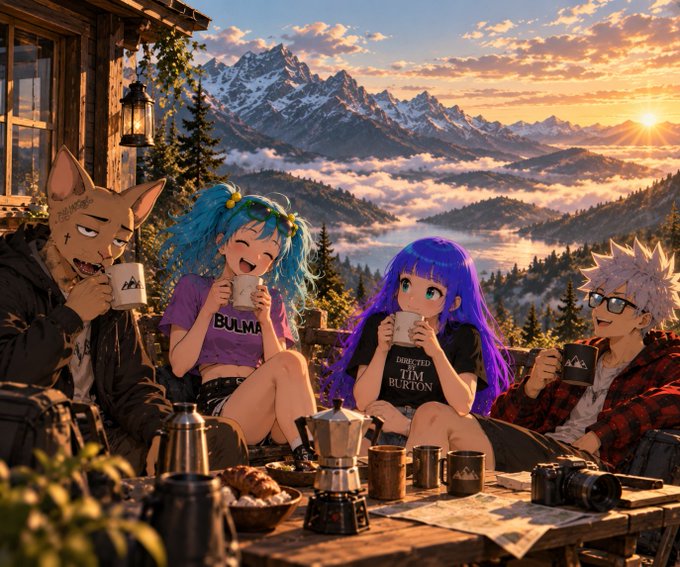 An AI-generated image depicting anime-style characters, including one resembling Bulma and another wearing a 'Disturbed Tim Burton' shirt, drinking coffee with a wolf-headed figure at a table overlooking a snowy mountain landscape at sunset.