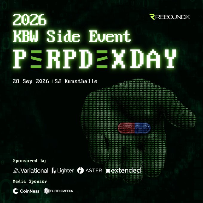 The image is a promotional poster for the "2026 KBW Side Event: PERPDEX DAY" on 28 Sep 2026 at SJ Kunsthalle, featuring a digital-style green character made of code, sponsored by Variational, Lighter, ASTER, and Extended, with media sponsors CoinNess and BLOCKMEDIA—aligning with the post's announcement of an expanded E-Sports Trading competition bringing together top Perp DEX names and global traders.