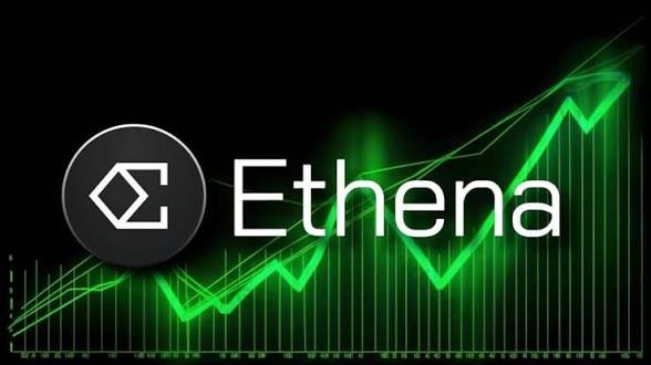 The Ethena logo displayed prominently over a green line chart showing an upward trend on a black background.