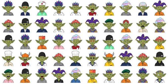 A grid of cartoon goblin avatars with various features like spiky hair, different hats, and red eyes, appearing to be NFT-style profile pictures.