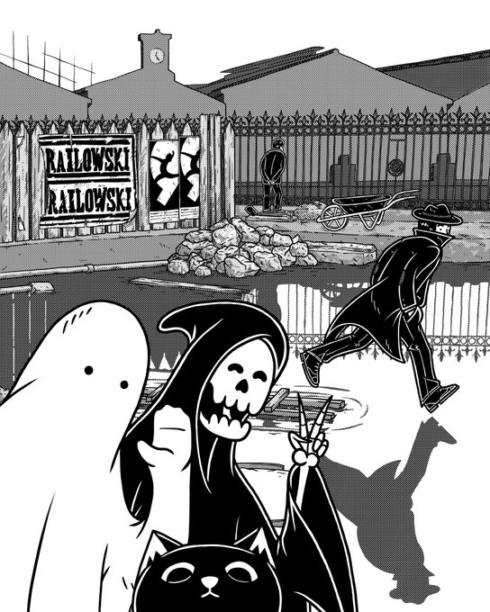 A black and white illustrated scene featuring a grim reaper figure, a ghost, a black cat, and a silhouetted figure in a trench coat and hat, set against an industrial backdrop with signs reading 'RAILOWSKI RAILOWSKI'.