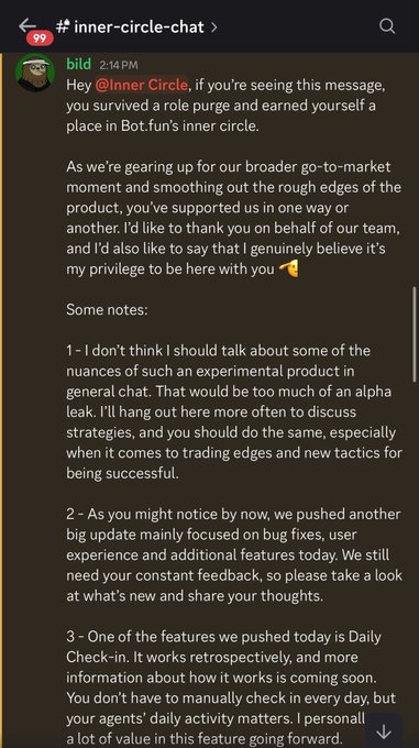 A screenshot of a Slack message in the #inner-circle-chat channel from user "bild" at 2:14 PM, thanking @Inner Circle members for surviving a role purge and outlining three notes: (1) avoiding alpha leak in general chat, (2) a new update focused on bug fixes and UX improvements, and (3) the launch of a Daily Check-in feature. The image visually supports the post's announcement of the new "INNER CIRCLE ROLE" private space for sharing trading strategies, edges, and alpha.