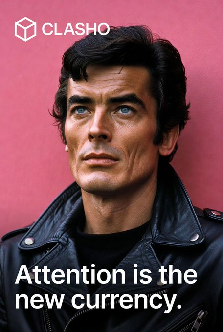 A portrait of a man in a black leather jacket against a pink background, with text reading 'CLASHO' at the top and 'Attention is the new currency.' at the bottom.
