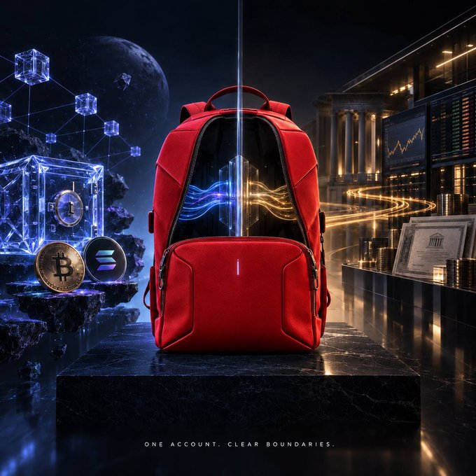 A stylized digital artwork featuring a red backpack on a pedestal with the tagline 'ONE ACCOUNT. CLEAR BOUNDARIES.', surrounded by imagery of cryptocurrency symbols (Bitcoin), financial charts, and a modern building interior.