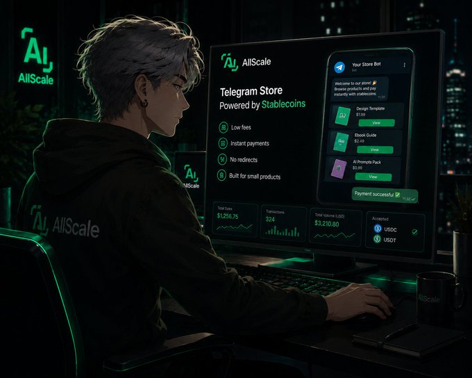 An anime-style illustration of a person using the 'AllScale' Telegram Store powered by Stablecoins, showing a dashboard with sales ($1,256.75), transactions (524), total balance ($3,210.80), and accepted payments in USDC and USDT.