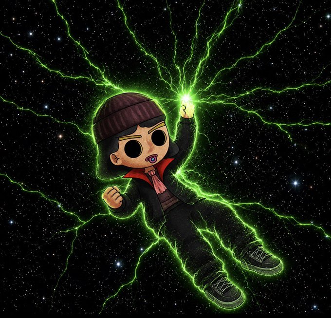 A stylized cartoon illustration of a character with a beanie and dark clothing, floating in a starry space background while wielding glowing green lightning/energy from a raised fist.