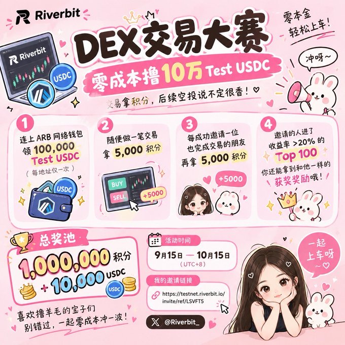 A pink promotional poster for 'Riverbit' advertising a 'DEX 交易大赛' (DEX Trading Competition) offering 10万 Test USDC, featuring numbered steps, an invitation link, an activity time of September 15 - October 15, and cartoon illustrations of a girl and a rabbit.