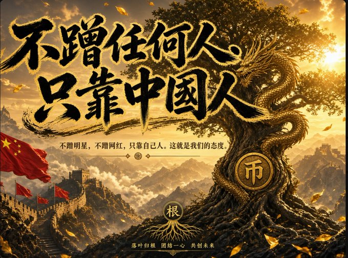 A Chinese propaganda-style poster with calligraphy reading '不蹭任何人, 只靠中国人' (Don't rely on anyone, only on Chinese people), featuring a golden dragon coiled around a tree, the Great Wall, and Chinese flags.