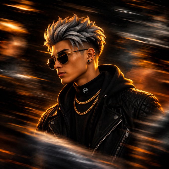 A digital portrait of a young man with silver hair, sunglasses, and a black leather jacket posing against a dark background with orange light streaks.