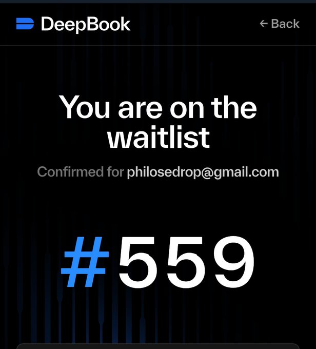 The image shows a phone screen with a message from DeepBook about joining their waitlist. The text displays that you are on the waitlist, and the number 559 is shown below it. This information suggests that the user's name or email address has been confirmed for Philosopher Drop, which is likely the service provider of the DeepBook platform.