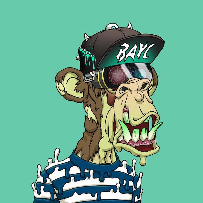 A cartoon illustration of a Bored Ape character wearing a cap labeled 'BAYC' and futuristic goggles, with green slime dripping from its mouth.