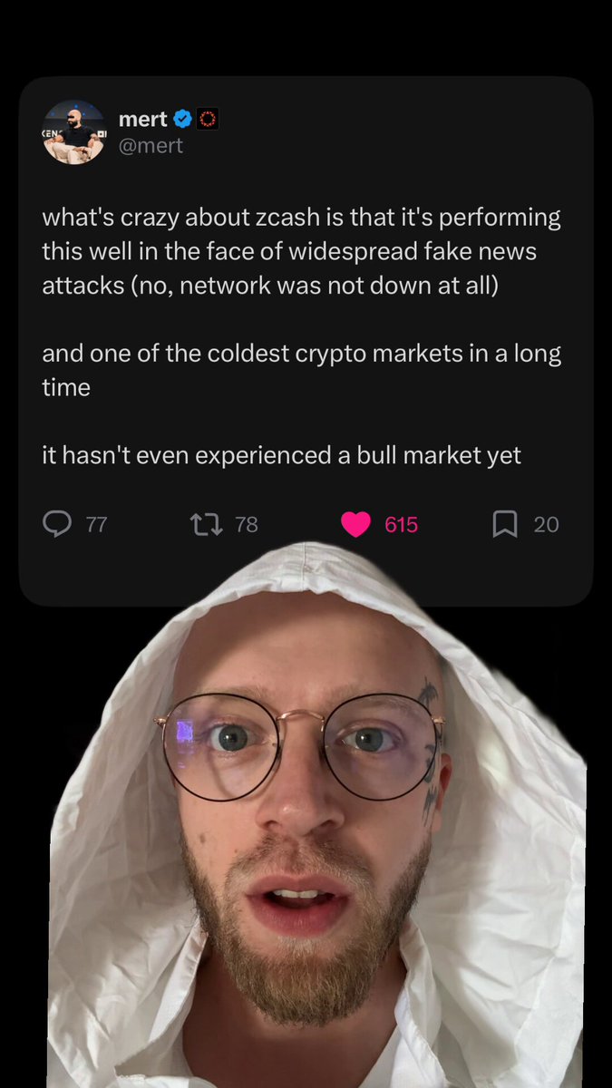 The image features a man wearing glasses, a white hoodie or jacket, and a beard. The caption of the image reads "mert is right: $ZEC hasn't experienced a bull market yet but it has experienced Opus 4.8". This means that although the stock market may not be performing well at the moment, there are still opportunities for investors to make money in the long run.